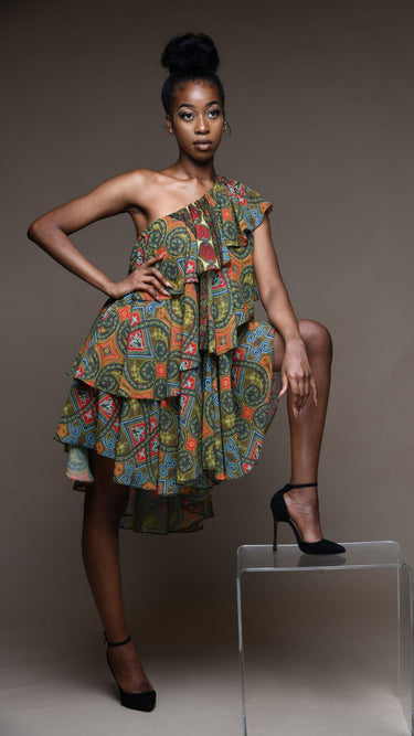 SERENITY Camille One Shoulder Tiered Paisley Chiffon Hi-Low Dress